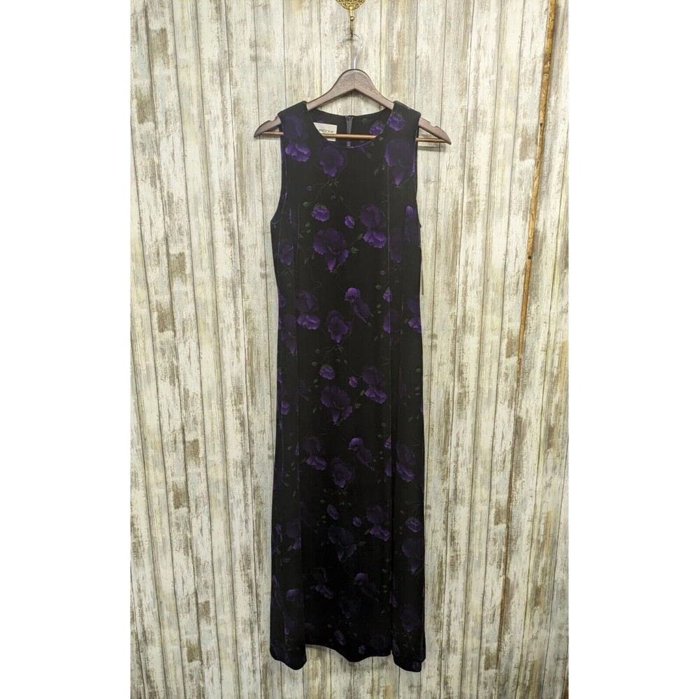 Evan Picone Vintage 90s Velvet Floral Dress Maxi Sleeveless Black Purple 10 NWT
